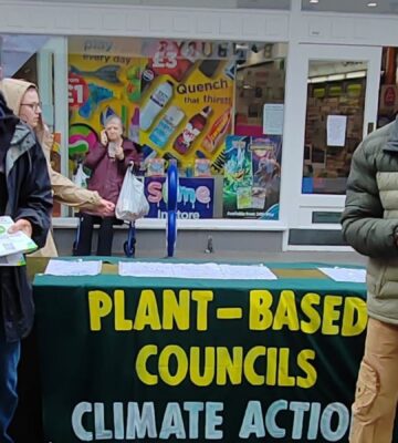 Photo shows Plant Based Councils campaigner Brian Garman (left( and Green Councilor Ricky Knight (right) conducting public outreach in Barnstaple, North Devon