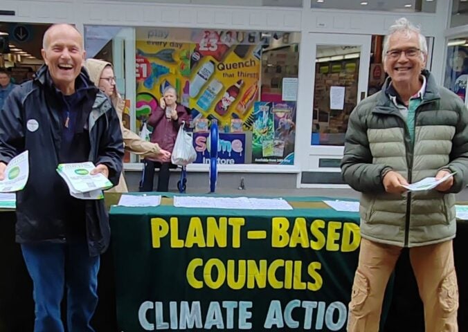 Photo shows Plant Based Councils campaigner Brian Garman (left( and Green Councilor Ricky Knight (right) conducting public outreach in Barnstaple, North Devon