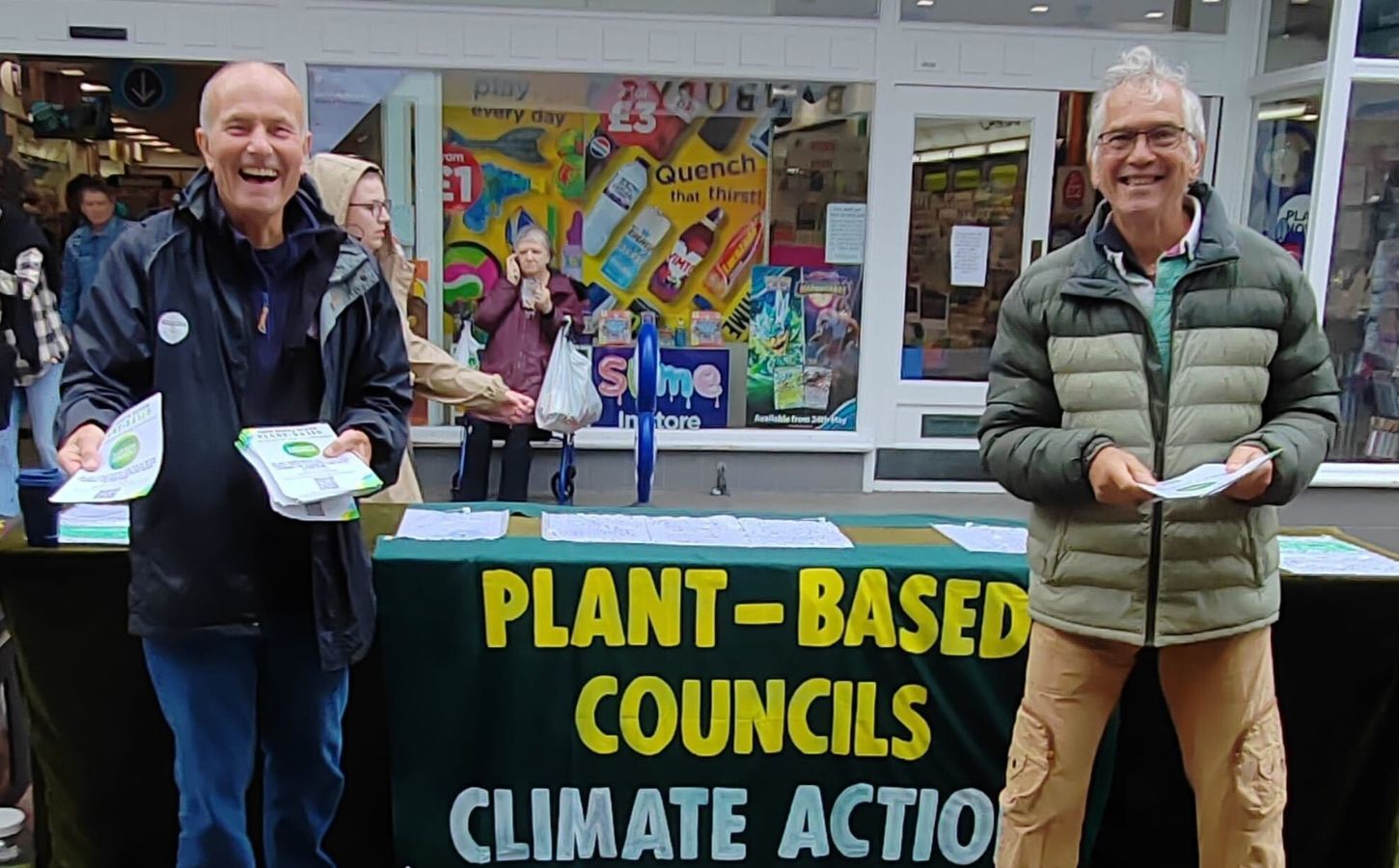 Photo shows Plant Based Councils campaigner Brian Garman (left( and Green Councilor Ricky Knight (right) conducting public outreach in Barnstaple, North Devon