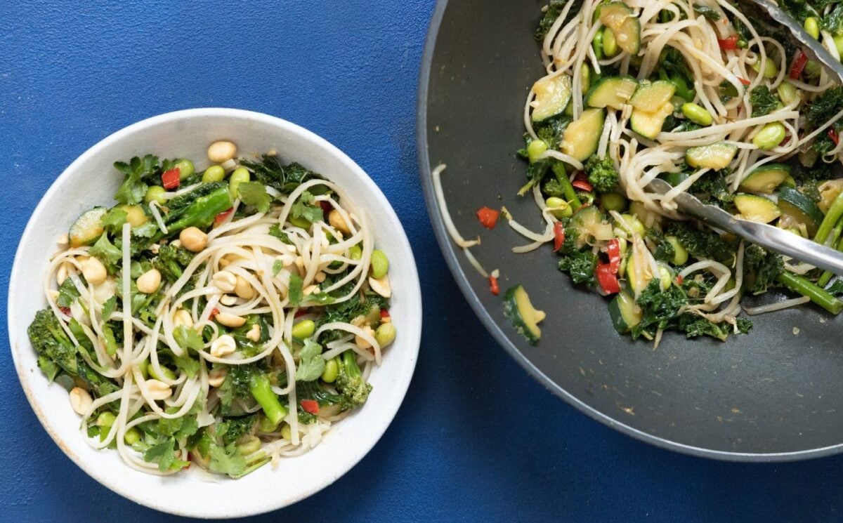 a picture of a superfood stir fry with protein-packed edamame, noodles and other veggies