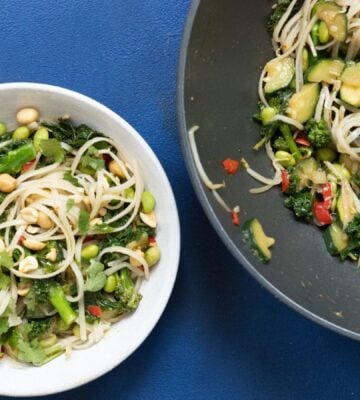 a picture of a superfood stir fry with protein-packed edamame, noodles and other veggies