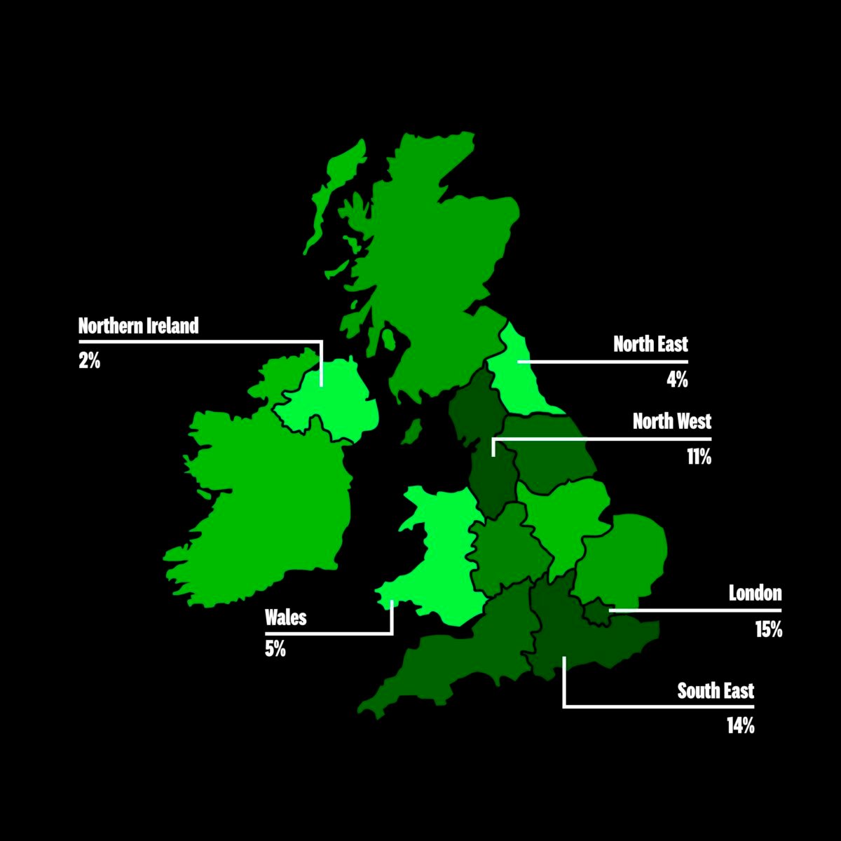 A map showing the most plant-based regions in the UK