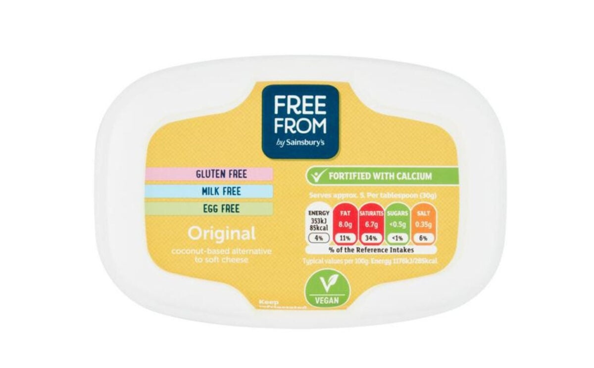 A picture of Sainsbury's packaging of the free from range of vegan alternative soft cheese