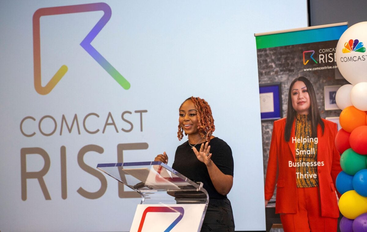 Slutty Vegan founder Pinky Cole giving a speech at Comcast Rise