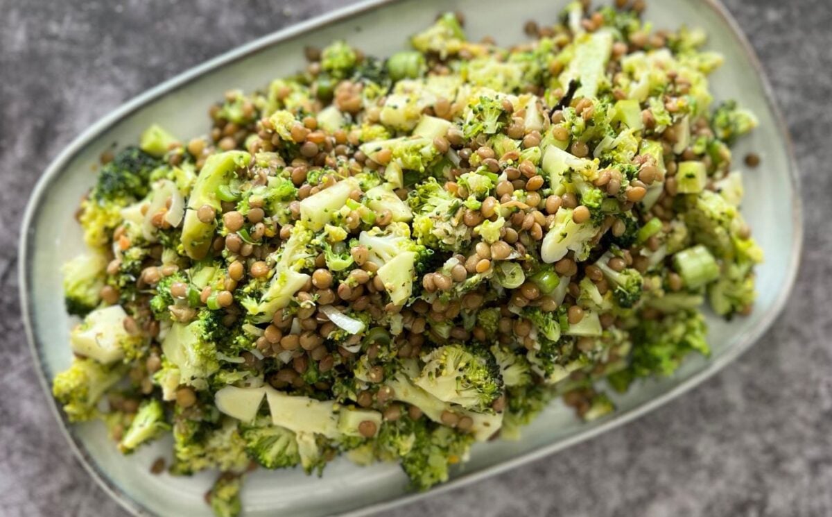 A high calcium vegan summer lentil and broccoli salad
