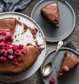a vegan double chocolate cake with marshmallow filling, topped with raspberries