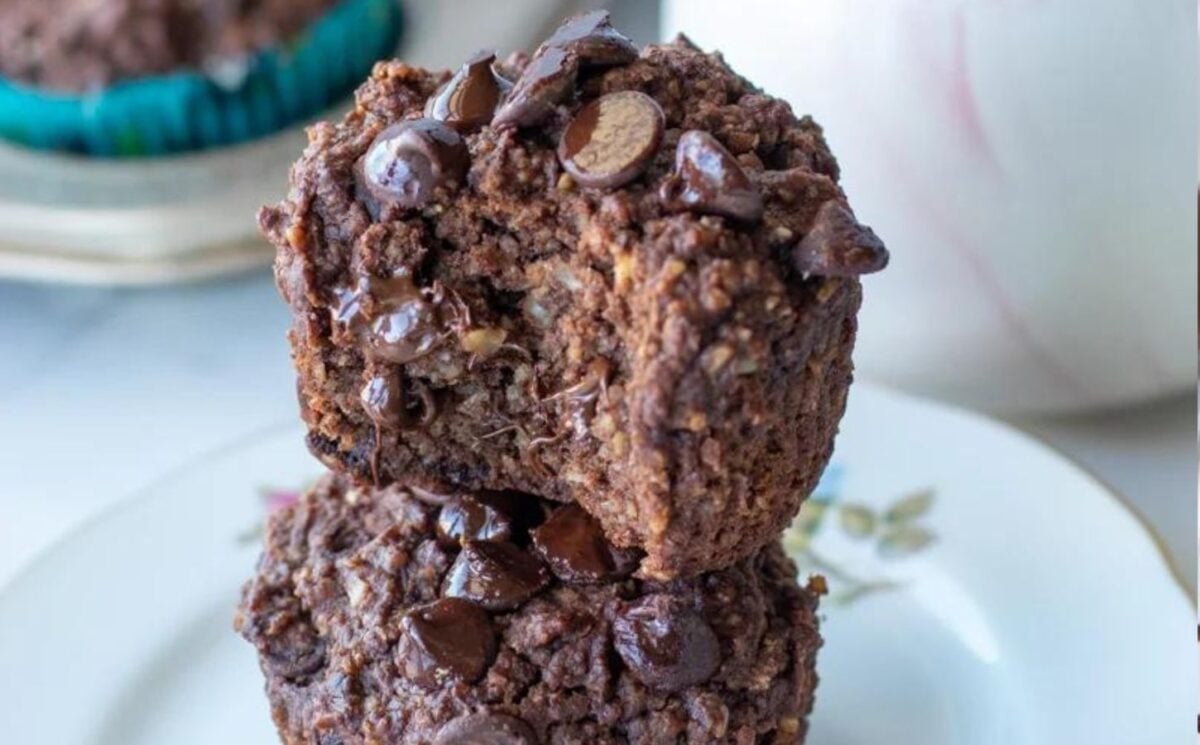 vegan chocolate protein-packed muffins made with oat flour, almond flour, and vegan chocolate protein powder