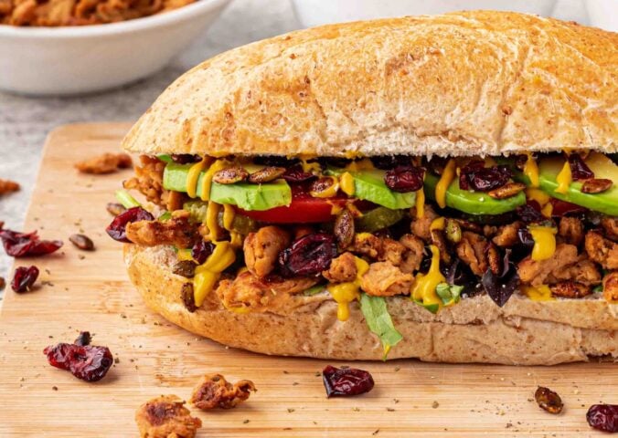 A vegan club sandwich with "turkey" flavor soy curls
