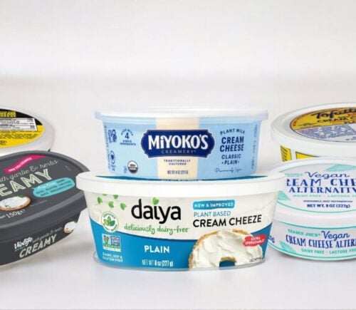 An assortment of vegan cream cheese products in front of a gray background
