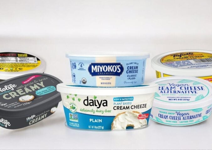 An assortment of vegan cream cheese products in front of a gray background