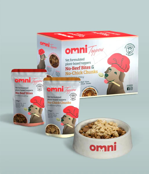 Photo shows a selection of vegan dog food produced by Omni