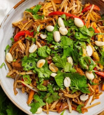 A bowl of vegan tofu Pad Thai from Romy London