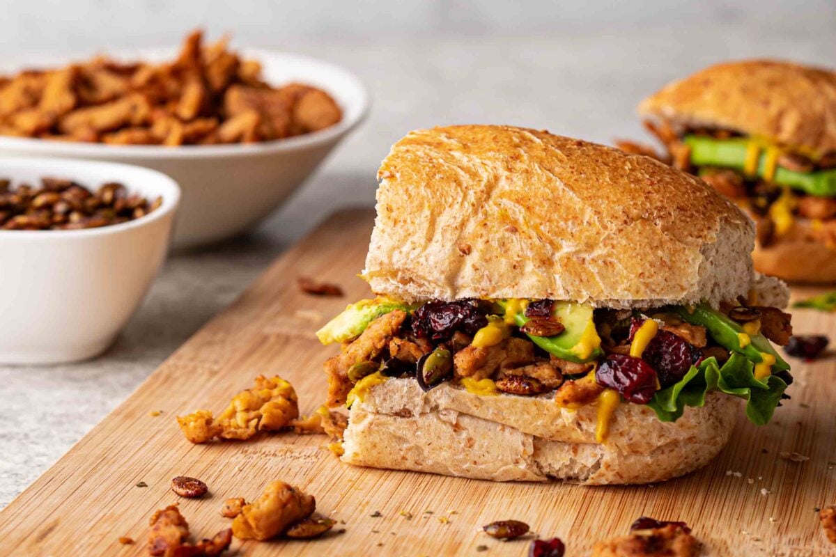 A vegan club sandwich with "turkey" flavor soy curls