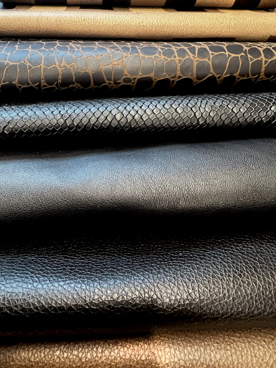 Photo shows several pieces of Arda Biomaterials' New Grain vegan leather