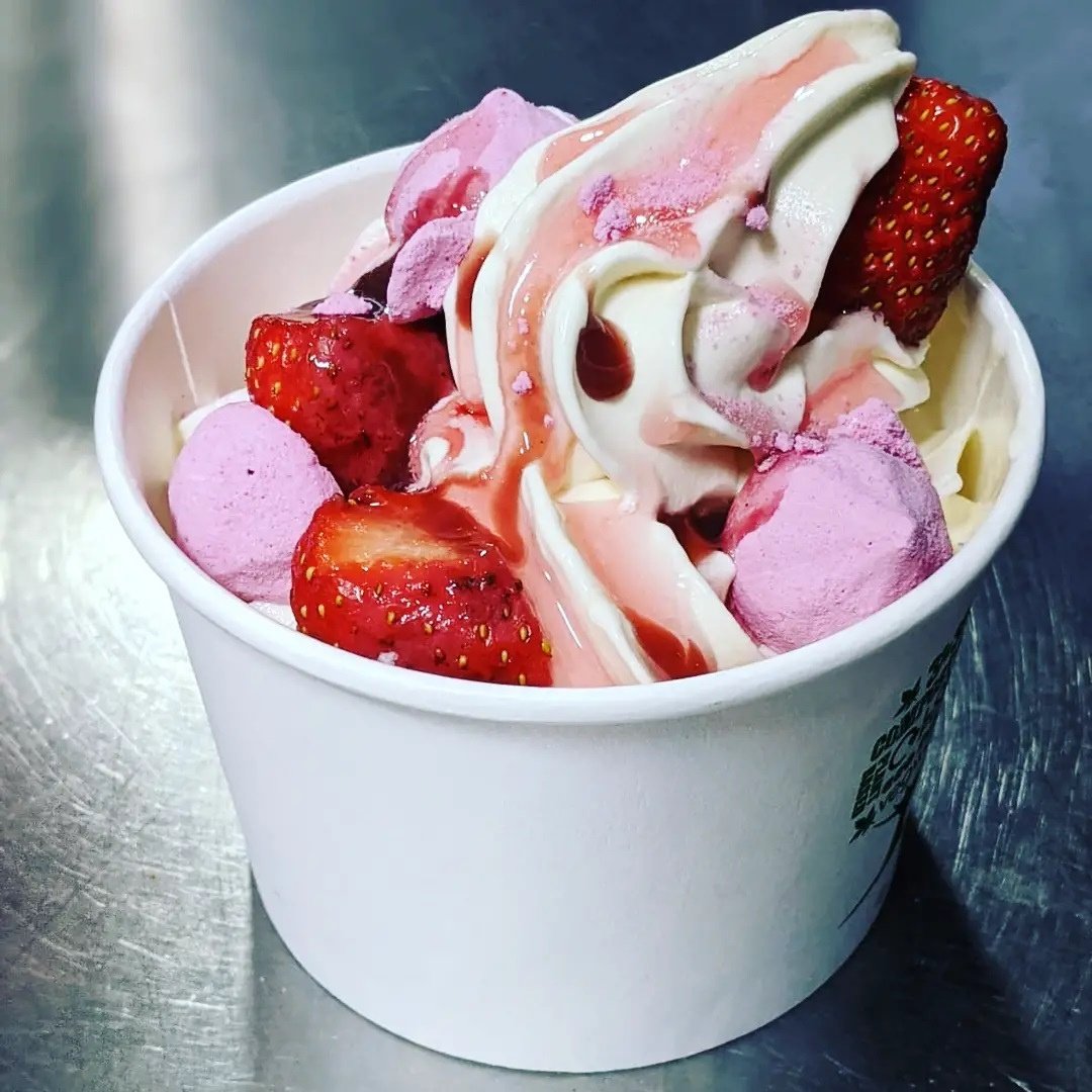 Photo shows a cup of Cafe Thrive's vegan soft serve ice cream topped with fruit