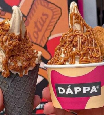 Photo shows two people holding up portions of DÁPPA vegan soft serve together - one in a cone and one in a tub