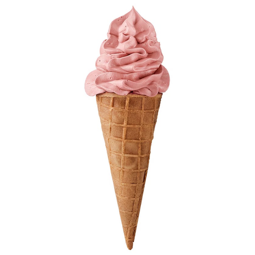 Photo shows a cone of Ikea's vegan soft servce strawberry ice cream