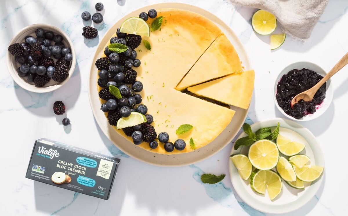 A dairy-free cheese cake with with Violife's new vegan cream cheese block that it's just launched in Canada