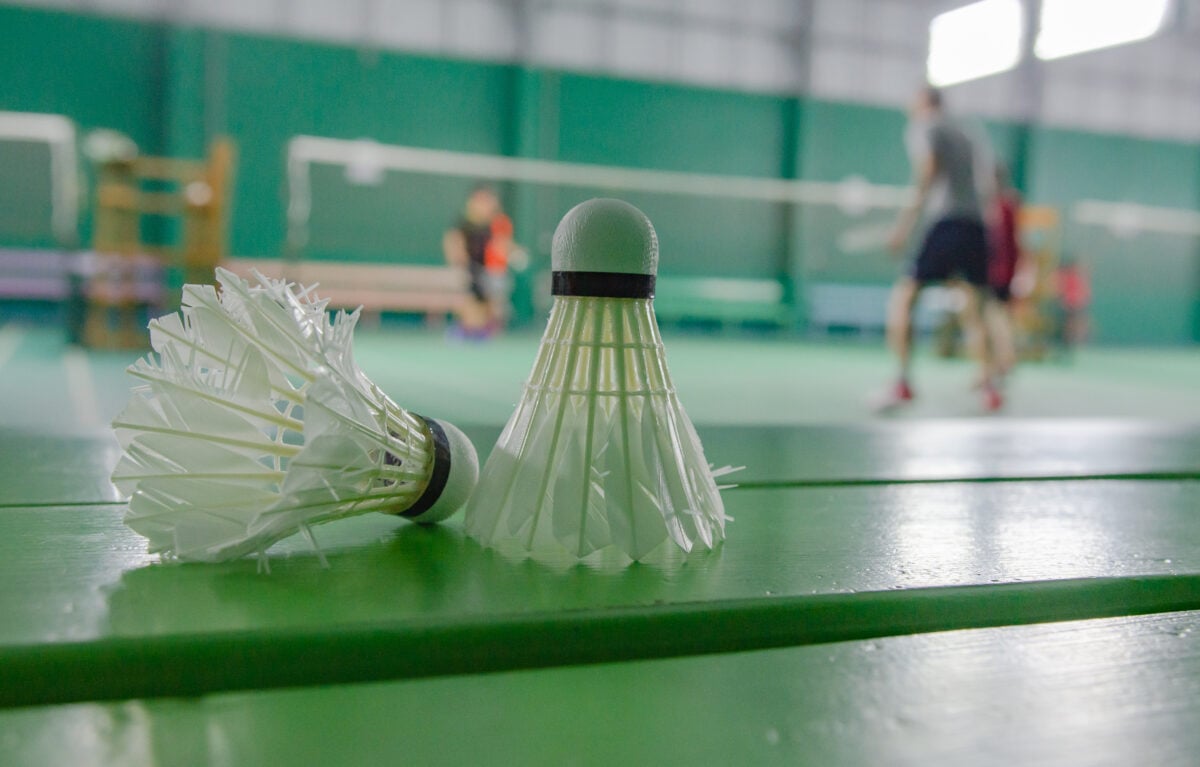 Feather shuttlecocks on a badminton court