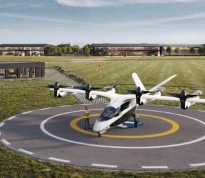 A mock up of an electric airtaxi at a "vertiport" in Bicester, UK