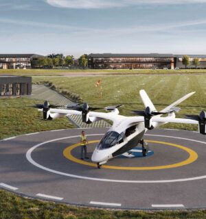 A mock up of an electric airtaxi at a "vertiport" in Bicester, UK