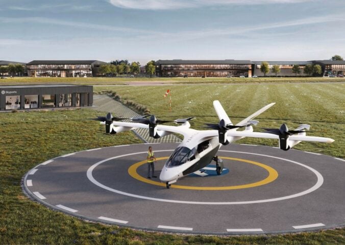 A mock up of an electric airtaxi at a "vertiport" in Bicester, UK