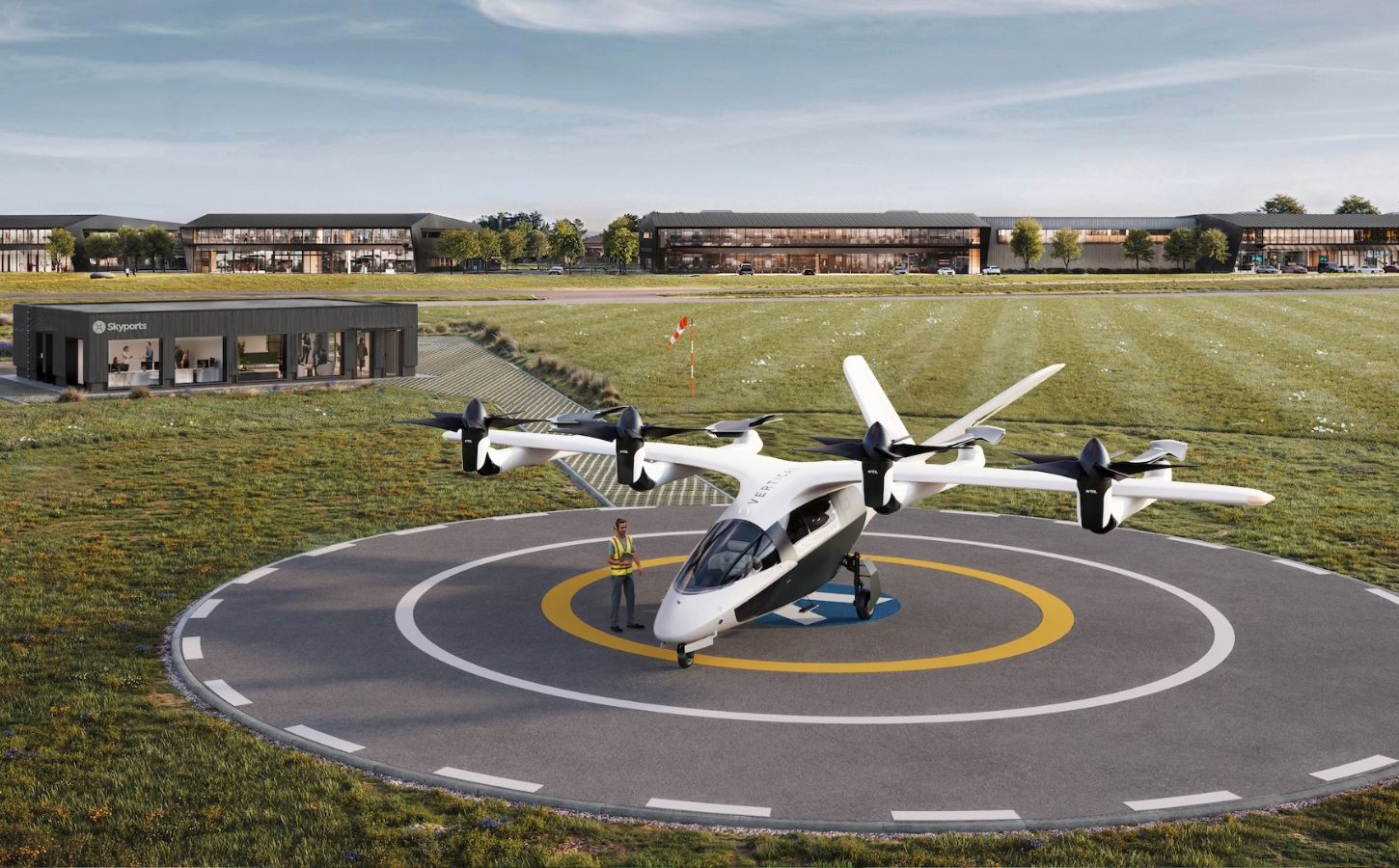 A mock up of an electric airtaxi at a "vertiport" in Bicester, UK