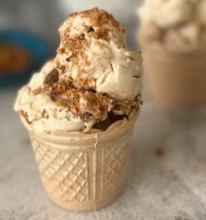 A cone full of vegan and dairy-free Biscoff ice cream