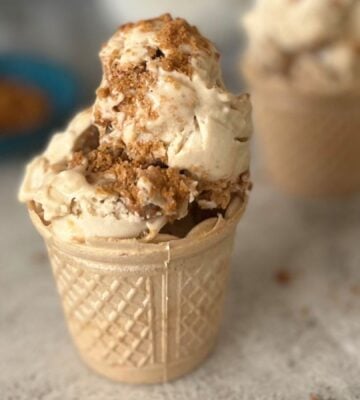 A cone full of vegan and dairy-free Biscoff ice cream