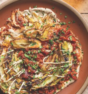 a picture of buttery charred cabbage in spiced tomatoes with tahini