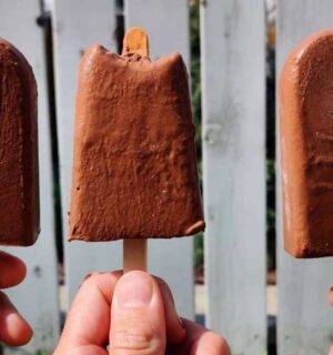 a picture of three vegan chocolate banana popsicles made with coconut milk, cocoa powder, banana, and maple syrup