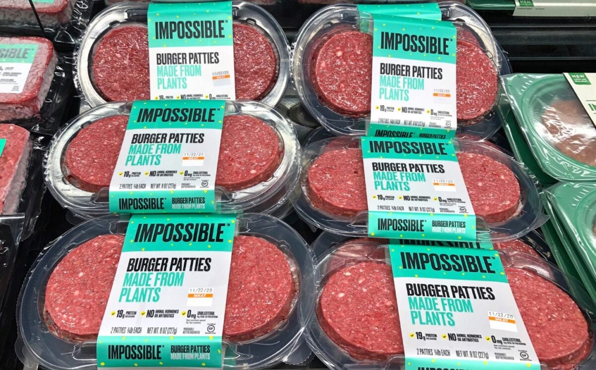 Packets of the "bleeding" Impossible burger being sold at a grocery store in the US