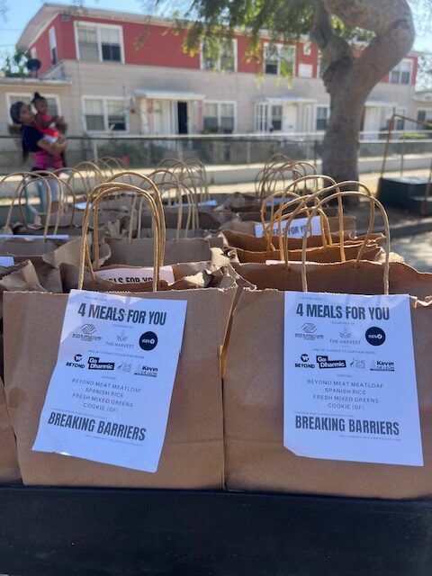 Paper bags filled with vegan meals served by Supreme Dow on Juneteenth