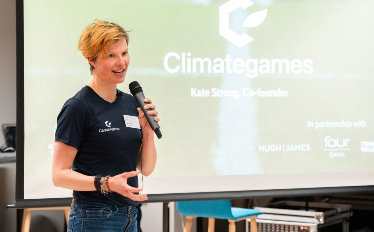 Plant-based sportsperson Kate Strong speaking at a Climategames event