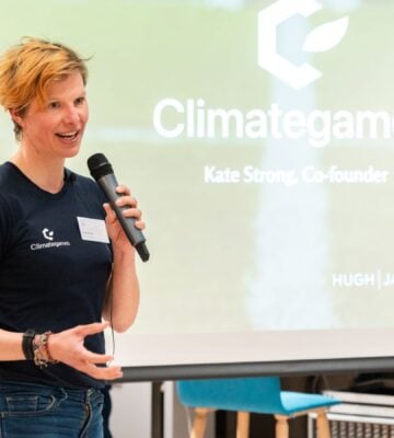 Plant-based sportsperson Kate Strong speaking at a Climategames event