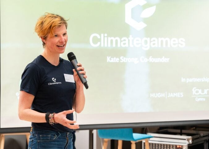 Plant-based sportsperson Kate Strong speaking at a Climategames event