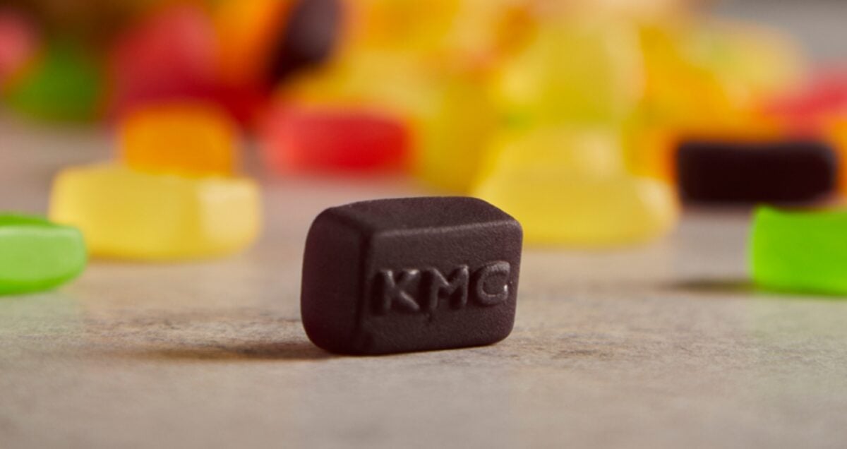 A piece of candy made with a vegan gelatin alternative from KMC