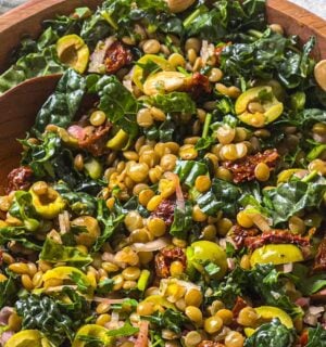 a picture of a lemon and pesto lentil salad made with olives, sundried tomatoes, kale, and almonds