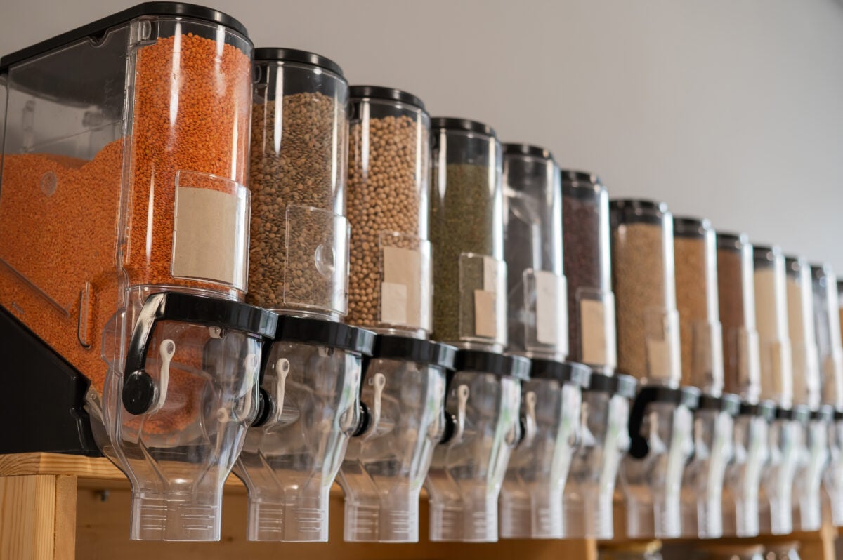 Dispensers of beans, grains, and legumes, which have been found to be healthier and better for the planet than meat