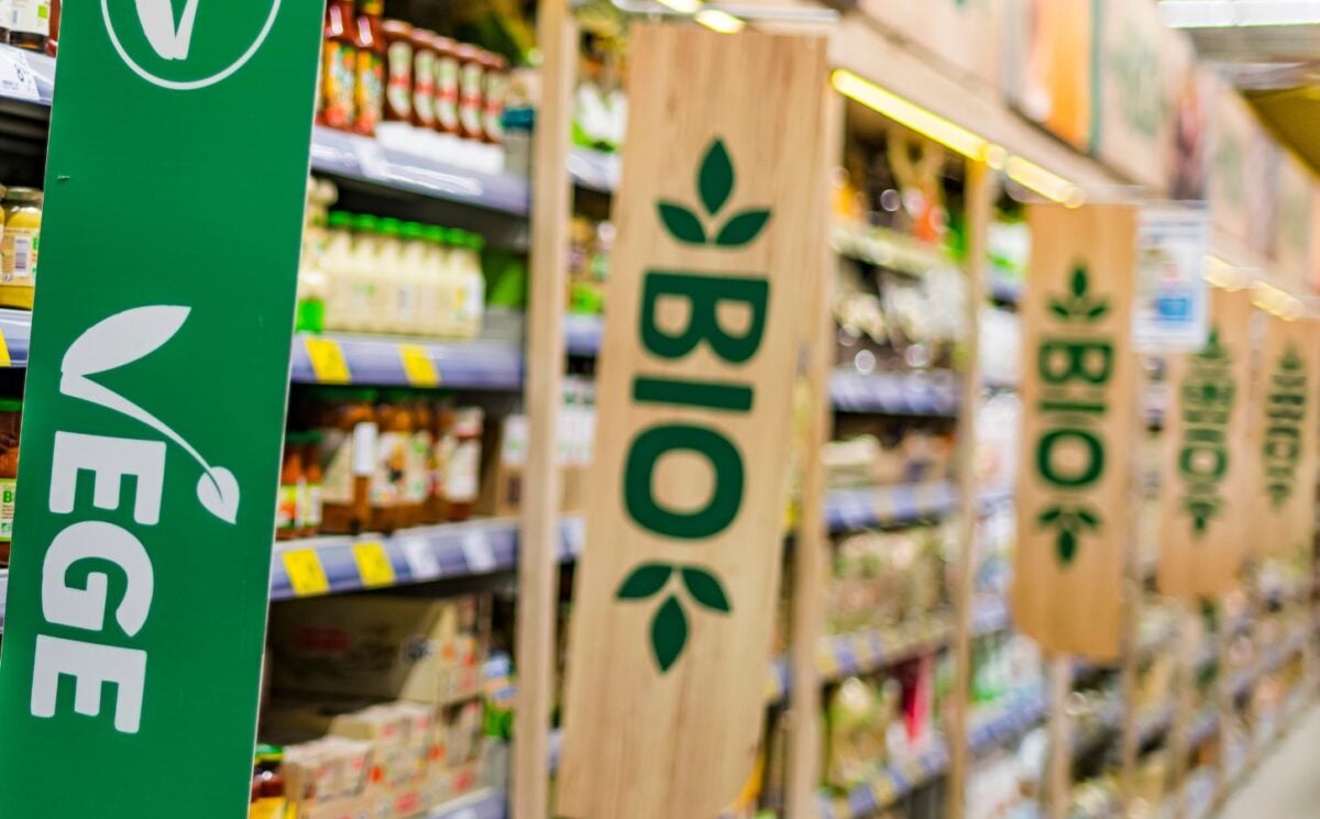 A vegan aisle with plant-based meat alternatives