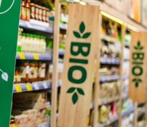 A vegan aisle with plant-based meat alternatives