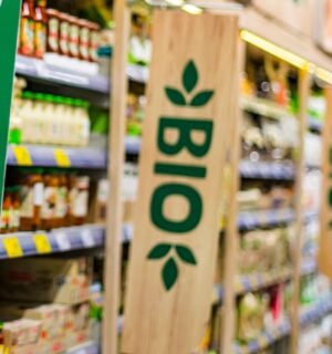 A vegan aisle with plant-based meat alternatives