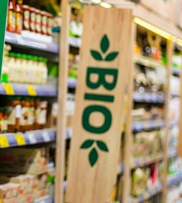 A vegan aisle with plant-based meat alternatives