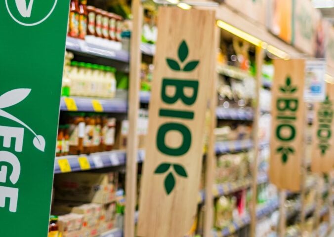 A vegan aisle with plant-based meat alternatives