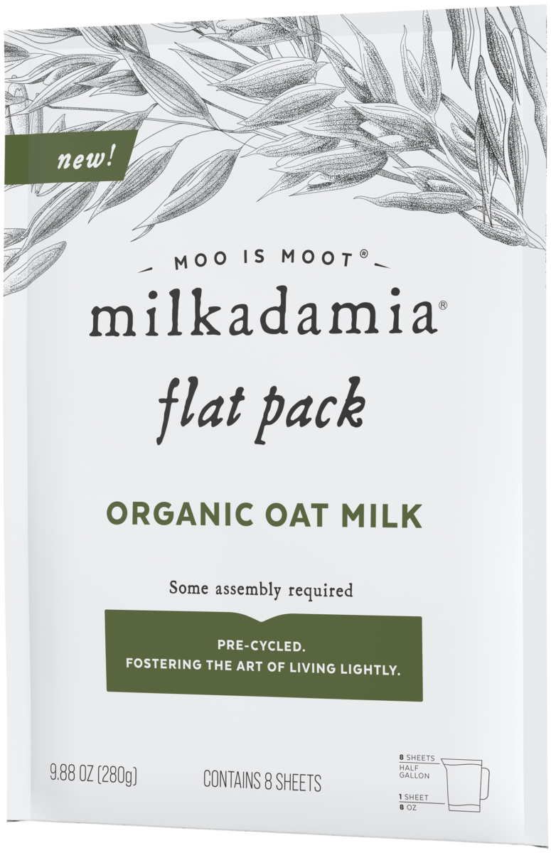 Photo shows the new Milkadamia Flat Pack Organic Oat Milk