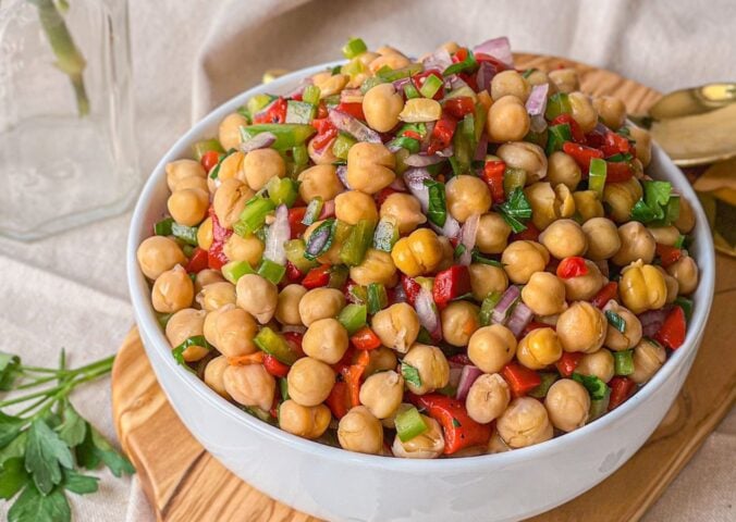 A picture of a roasted red pepper chickpea salad with red wine vinaigrette