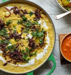 A pot of apple and coconut dahl cooked to a vegan recipe