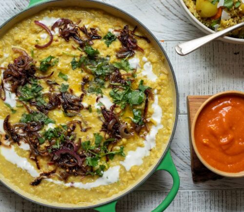 A pot of apple and coconut dahl cooked to a vegan recipe