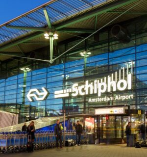 Photo shows the front of Schiphol Airport in Amsterdam