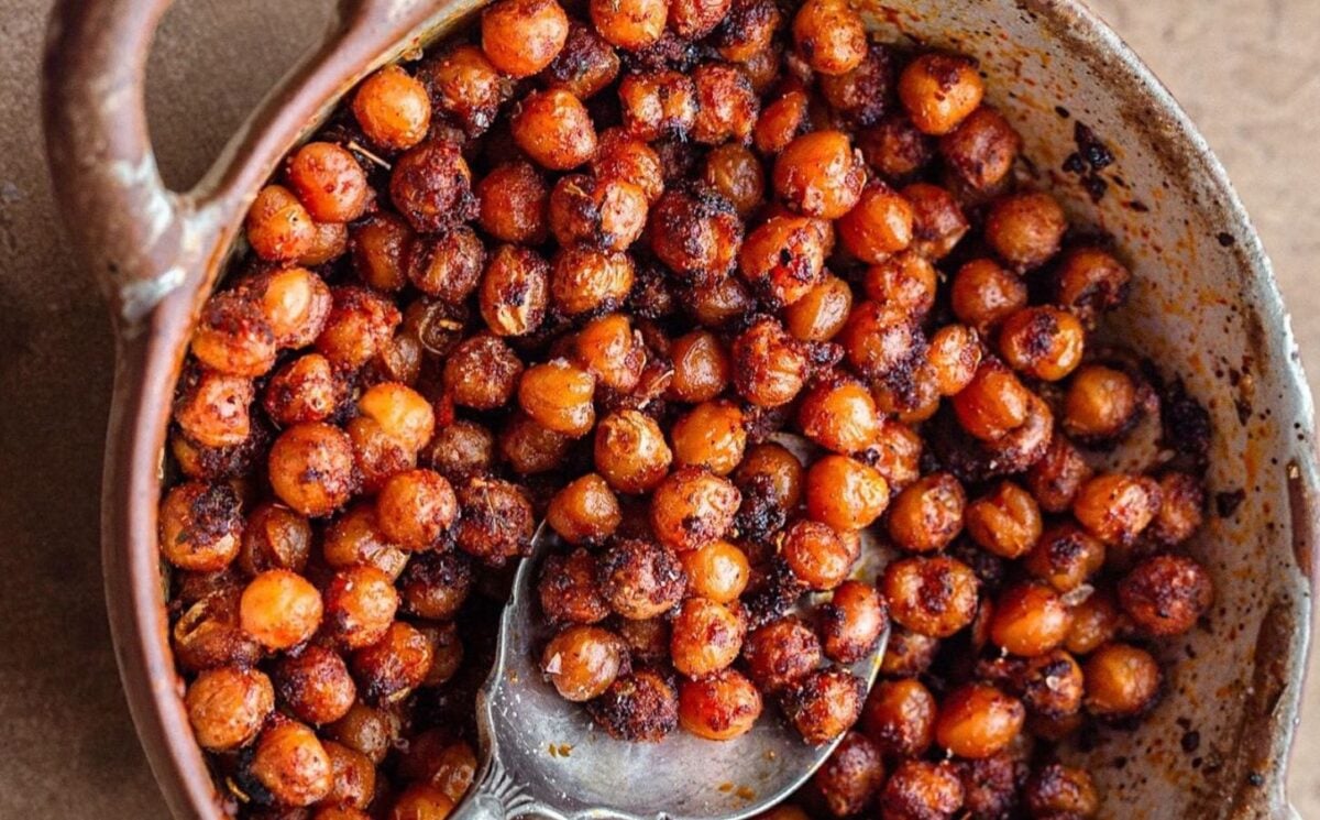 a picture of a pot full of smoky bacon flavored crispy chickpeas